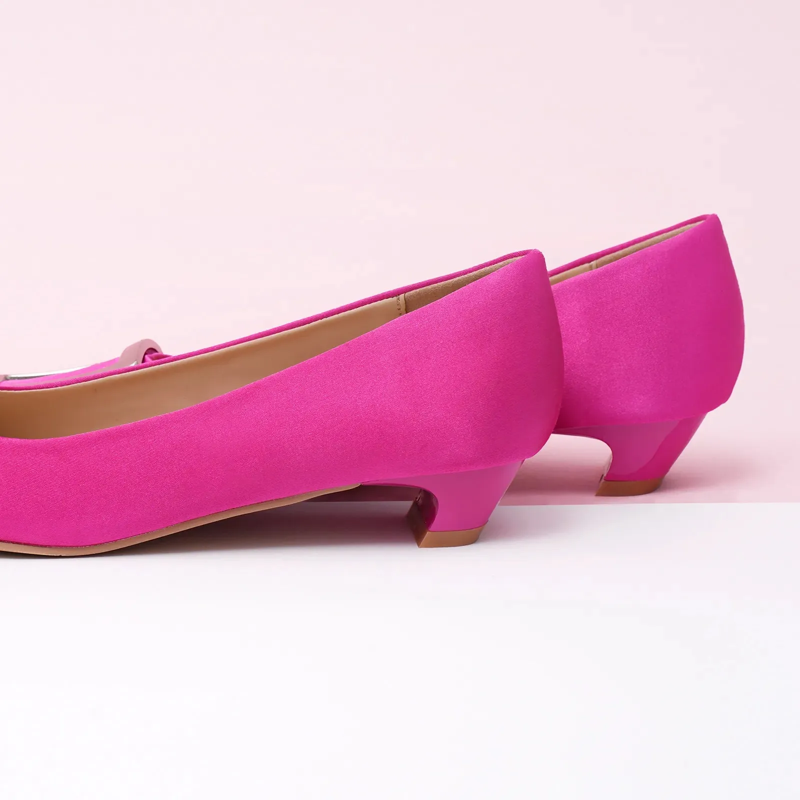 Metal Buckle Satin Low Heel (Lucia) Hot Pink