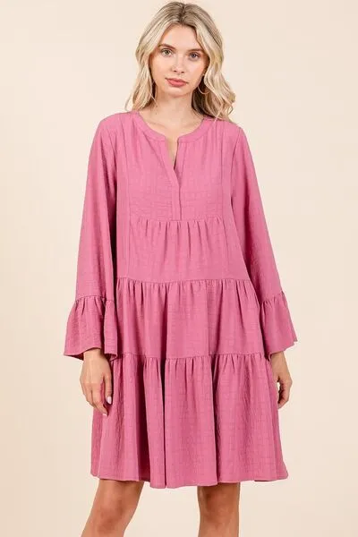 Mittoshop Tiered Notched Flare Sleeve Dress