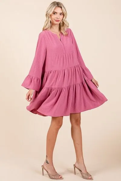 Mittoshop Tiered Notched Flare Sleeve Dress