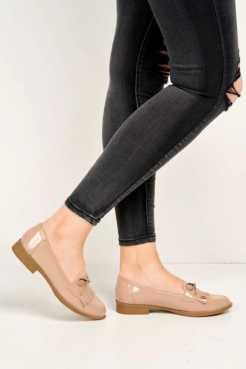 Morgan Fringe Detail Bow Loafers in Beige