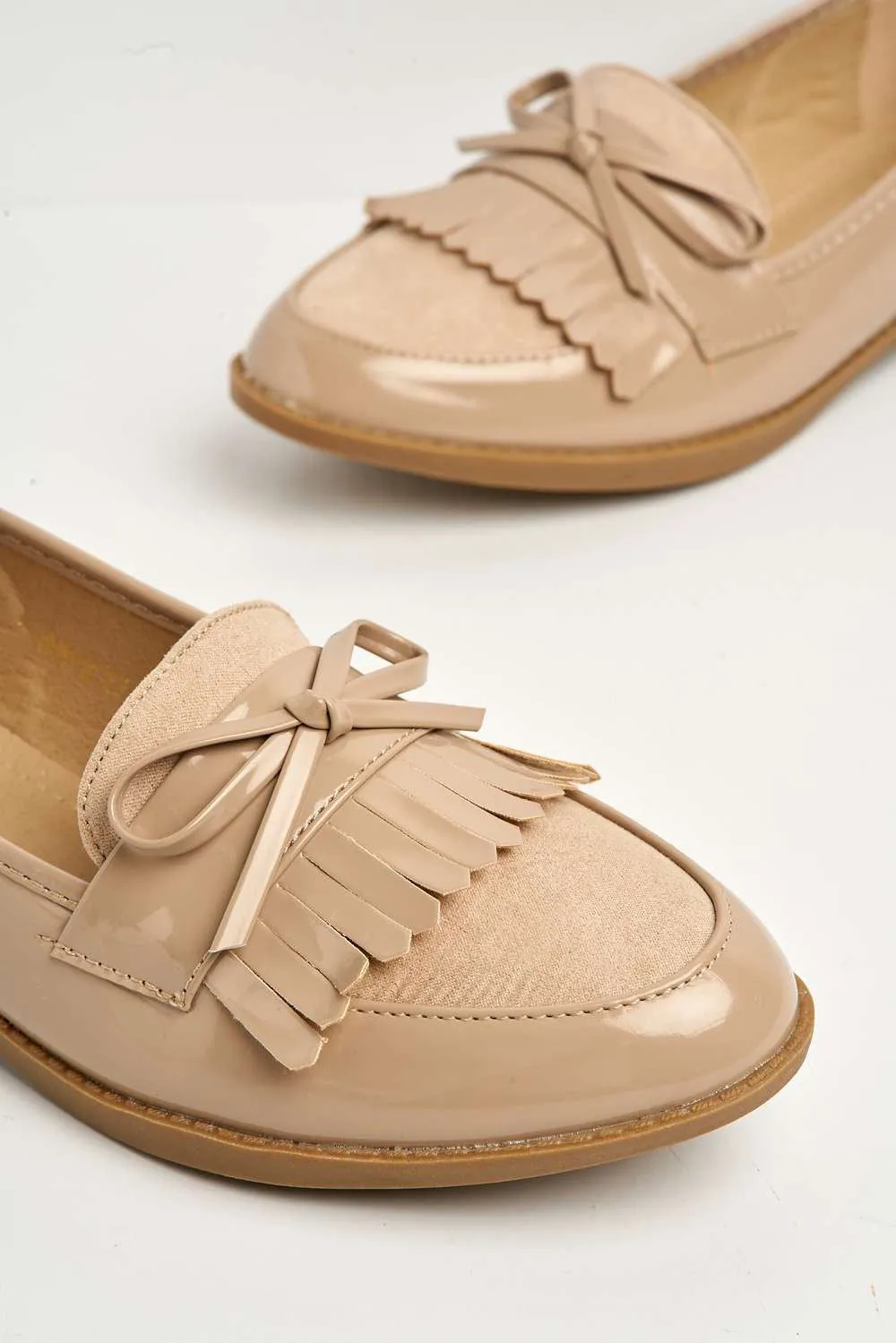 Morgan Fringe Detail Bow Loafers in Beige