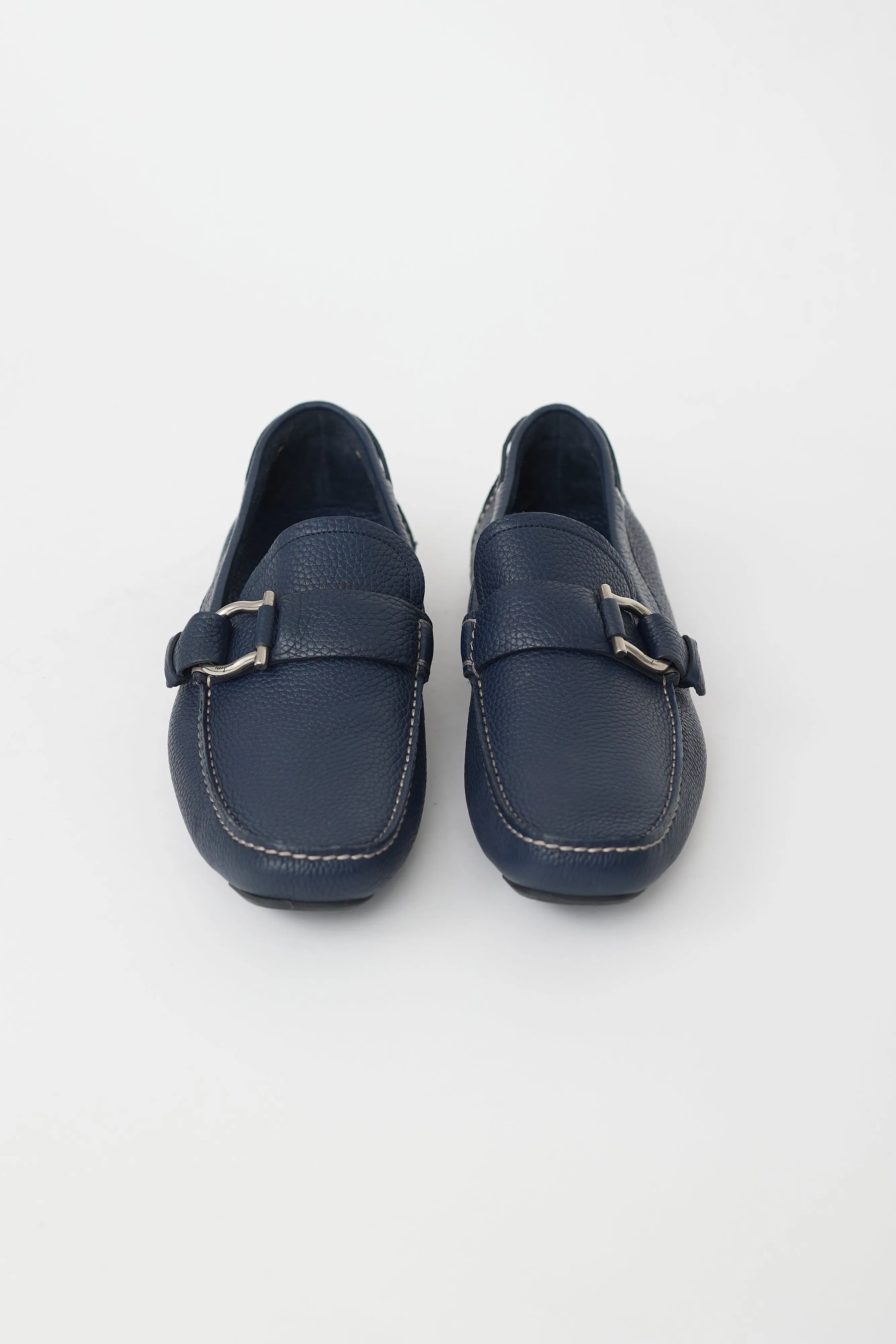 Navy Leather Gancini Buckle Loafer