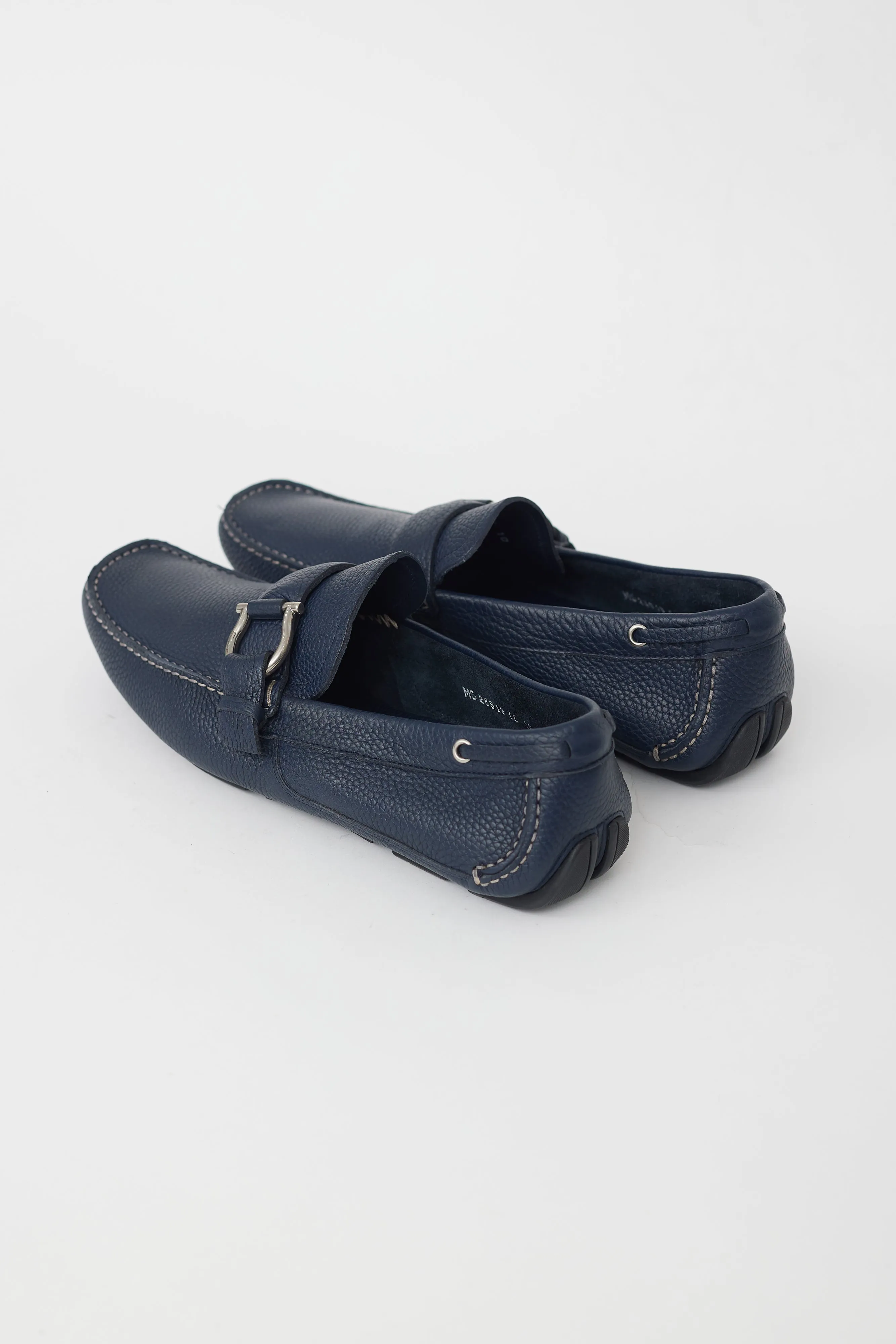 Navy Leather Gancini Buckle Loafer