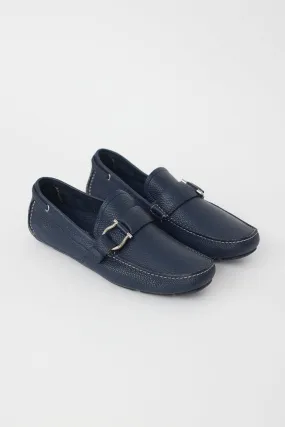 Navy Leather Gancini Buckle Loafer