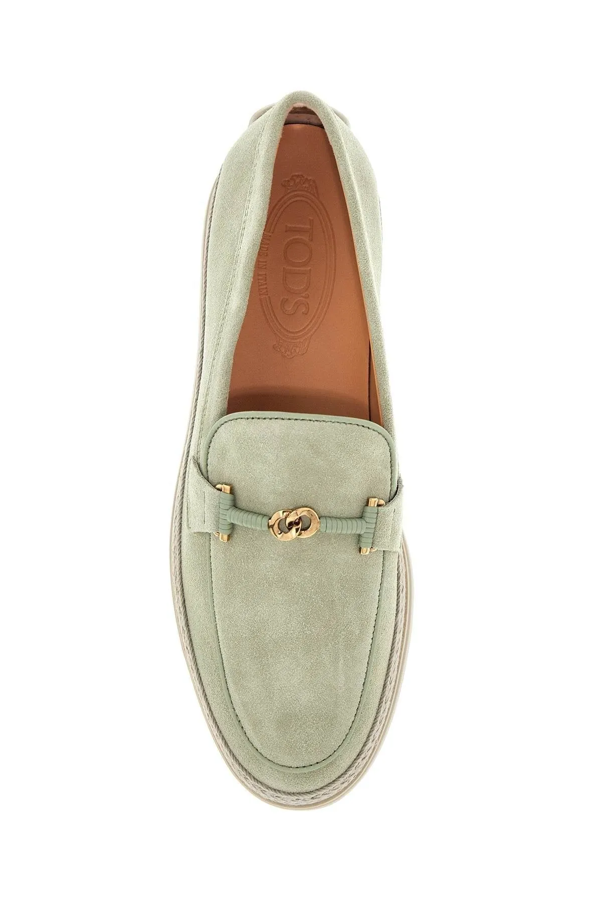 OIL GREEN CALFSKIN LOAFERS WITH LEATHER SOLE AND GOLD DETAIL