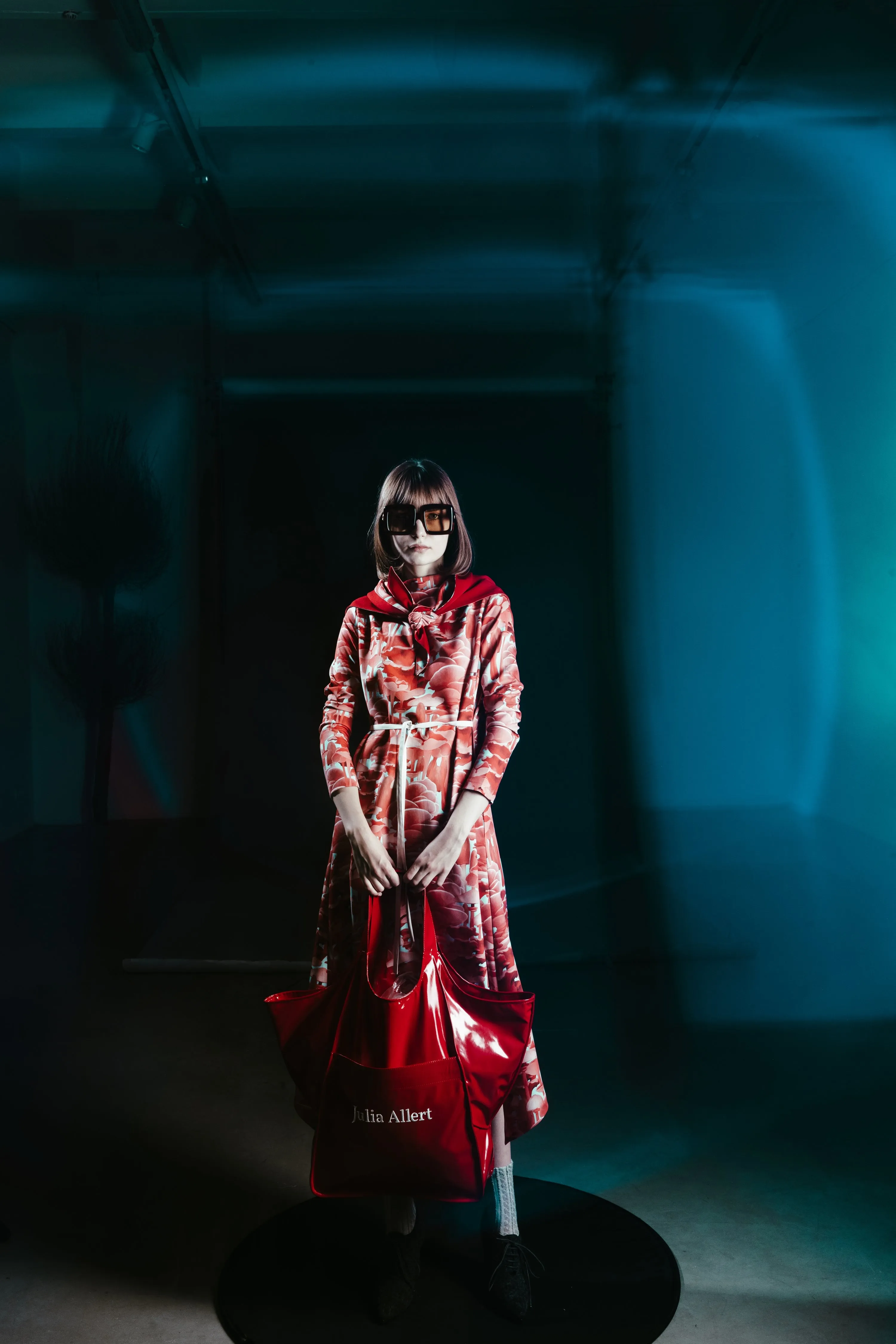 Pale Red Mushroom Print Midi Dress With Belt