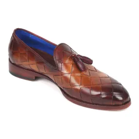 Paul Parkman Men's Brown Woven Leather Big Braided Tassel Loafers 6623-BRW (PM6124)