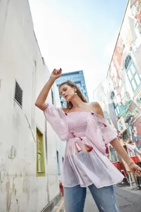 Powder Pink off Shoulder Smocked Top