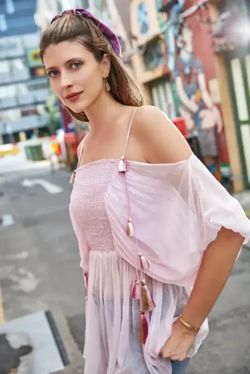 Powder Pink off Shoulder Smocked Top