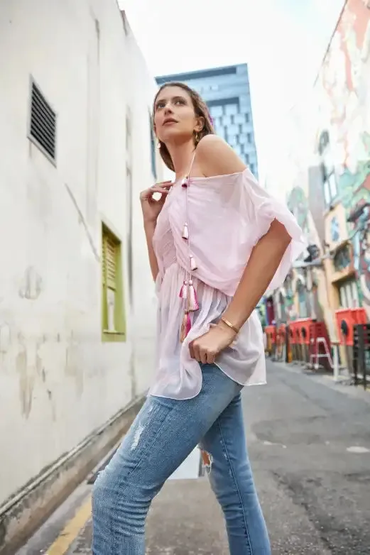 Powder Pink off Shoulder Smocked Top