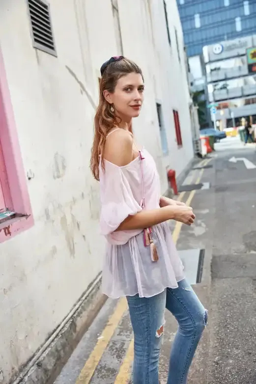 Powder Pink off Shoulder Smocked Top