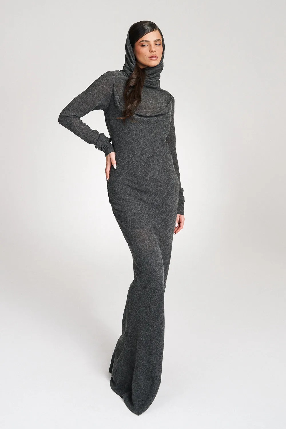 'Risha' Hooded Grey Wool Gown