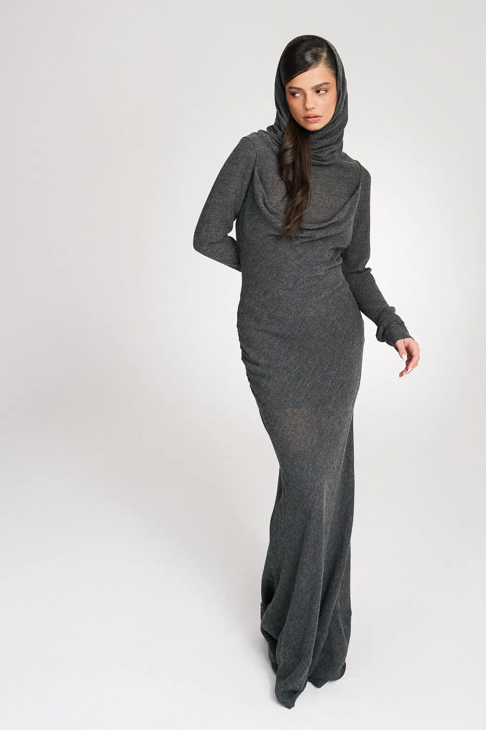 'Risha' Hooded Grey Wool Gown