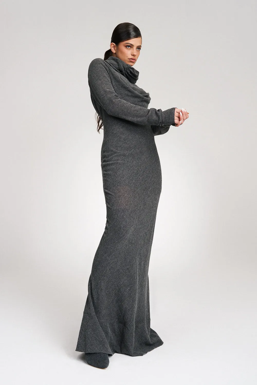 'Risha' Hooded Grey Wool Gown