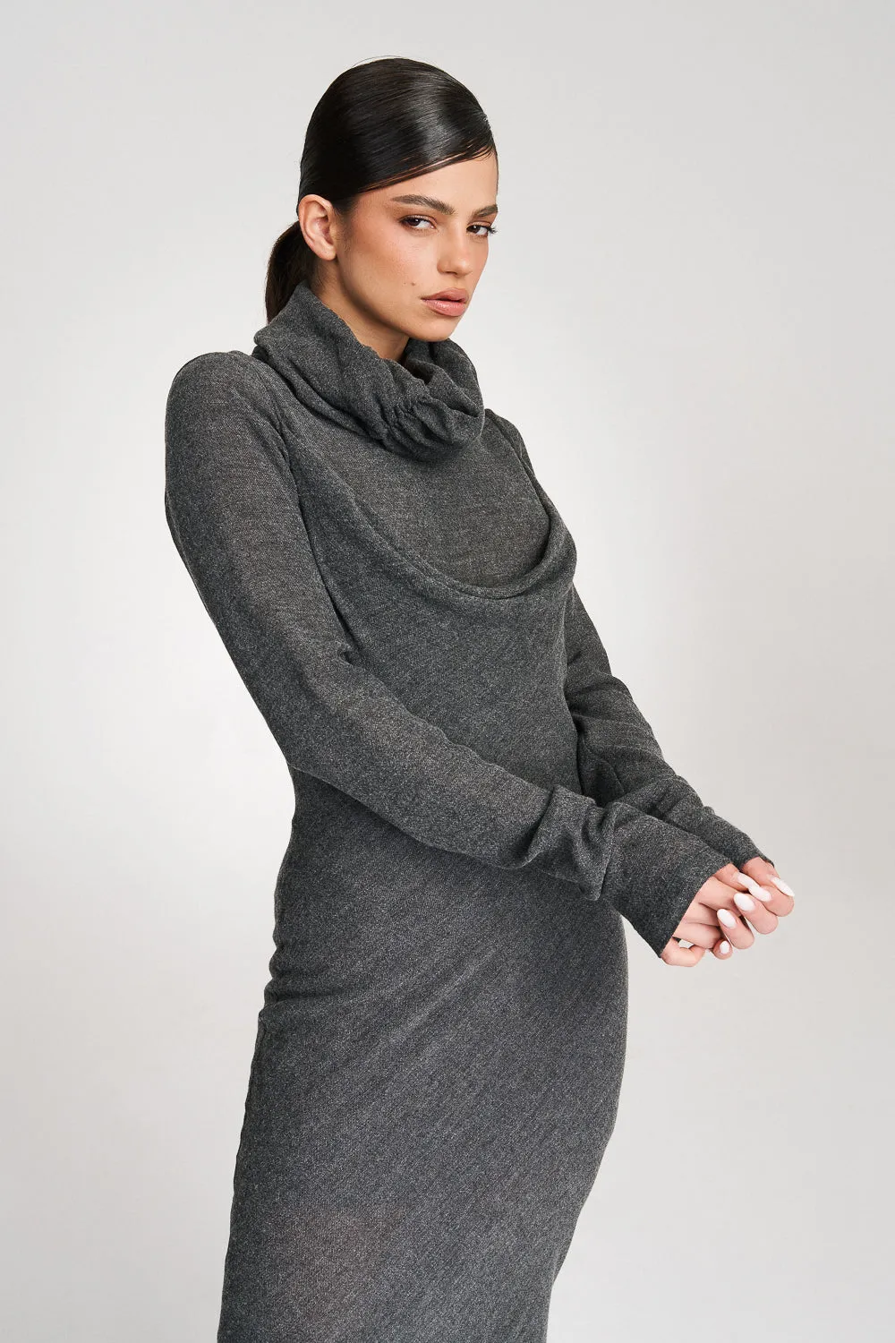 'Risha' Hooded Grey Wool Gown