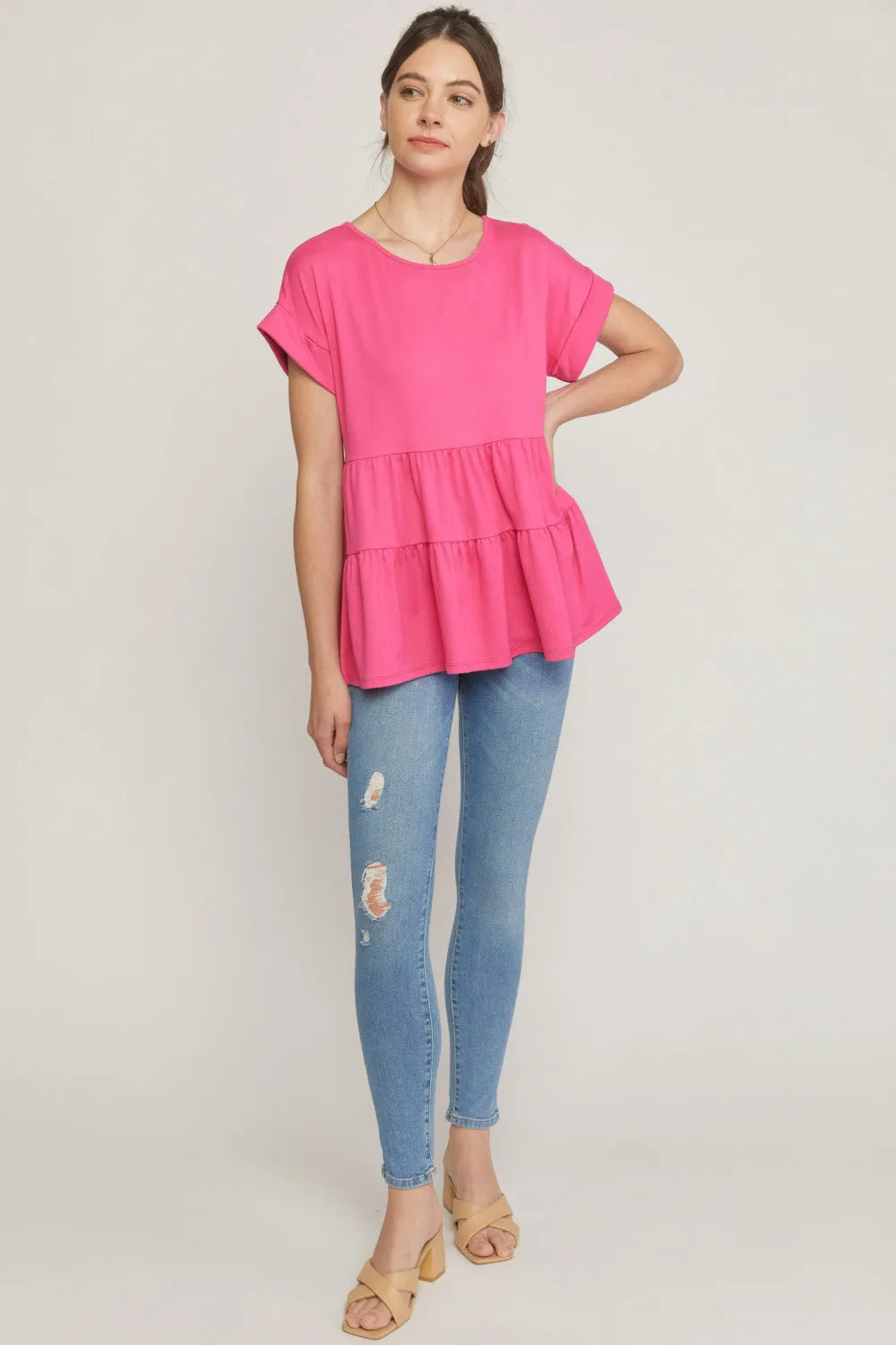 Short Sleeve Tiered Tunic, Pink