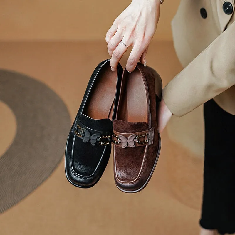 Suede Leather Loafers for Women Block Heel with Butterfly Details in Brown/Black