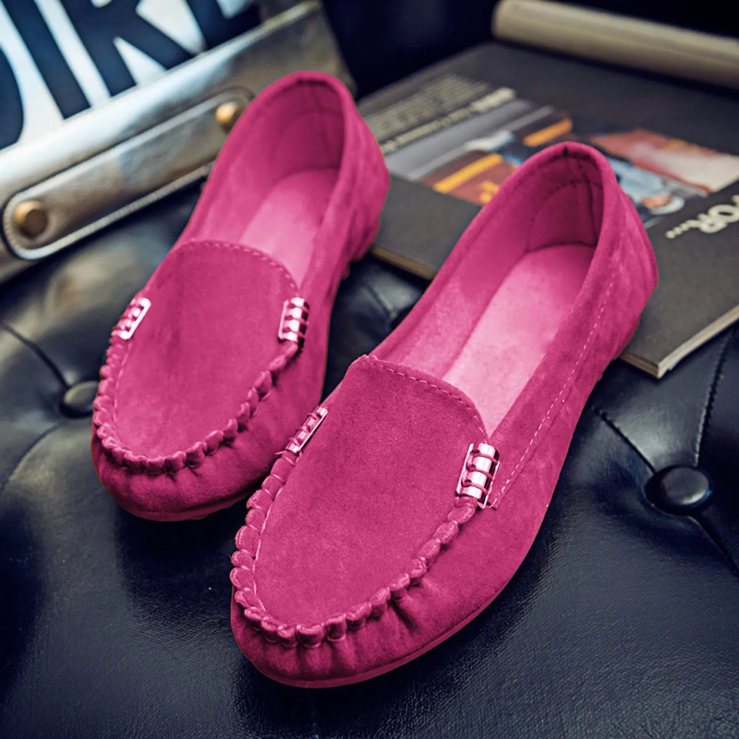 Suede Metal Decor Stitch Detail Flat Loafers