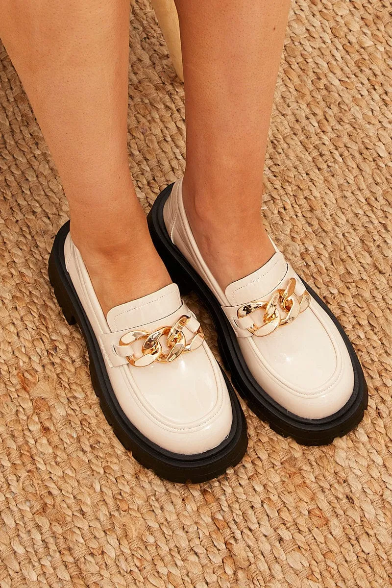 White Chain Detail Chunky Sole Loafers In Patent