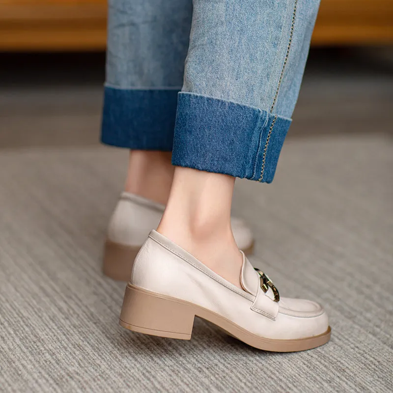 Women Casual Soft Leather Low Block Loafers