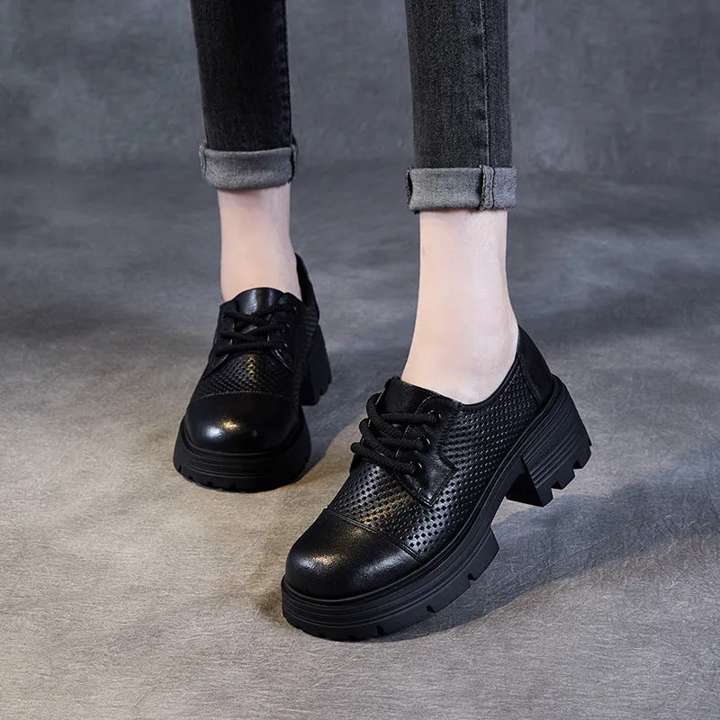 Women Lace-up Hollow Leather Chunky Sole Loafers