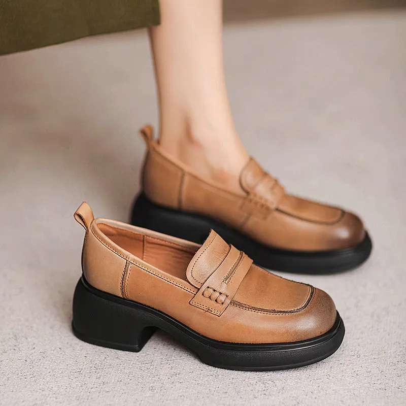 Women Retro Leather Square Head Thick Soled Loafers