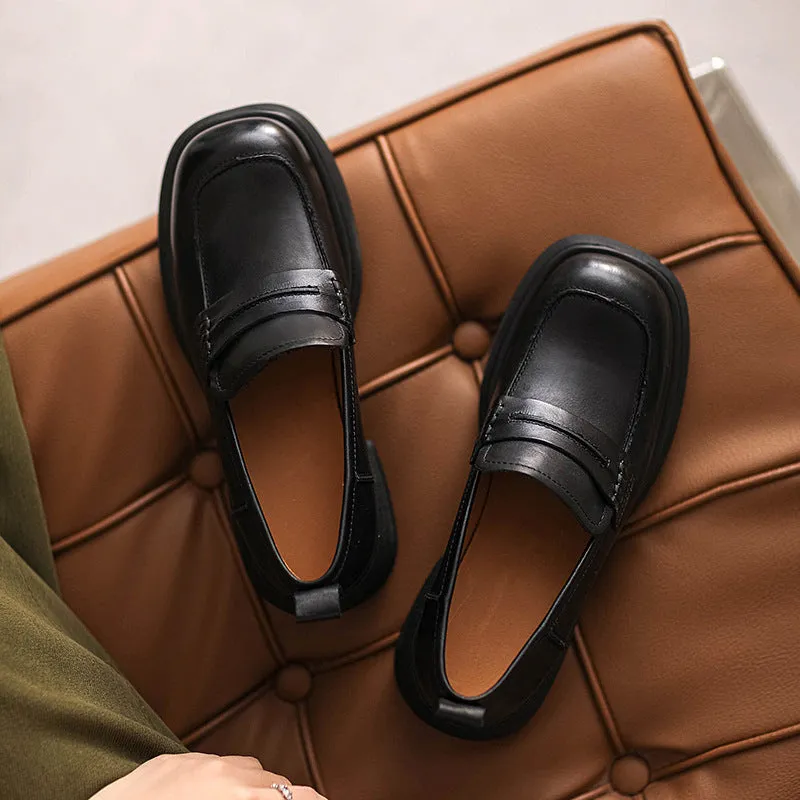 Women Retro Leather Square Head Thick Soled Loafers