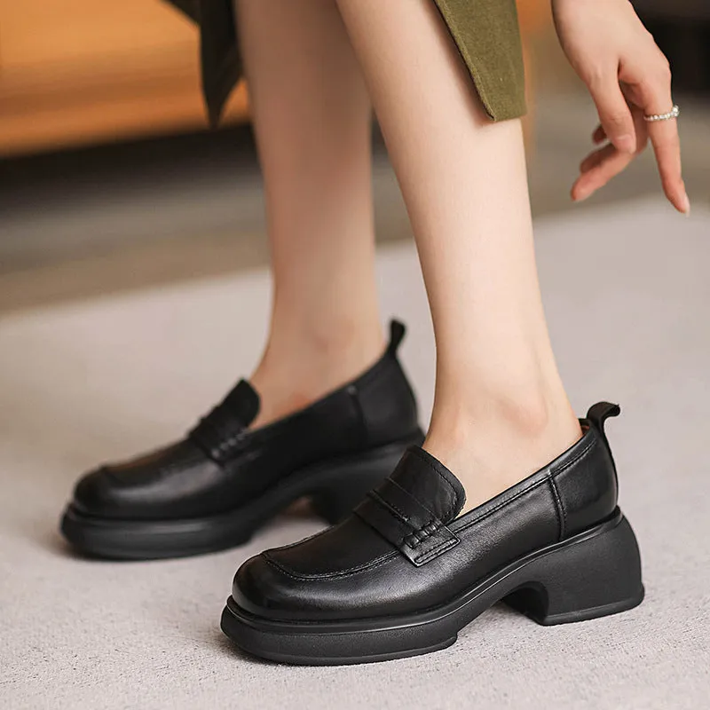 Women Retro Leather Square Head Thick Soled Loafers