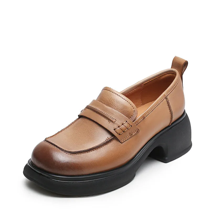 Women Retro Leather Square Head Thick Soled Loafers