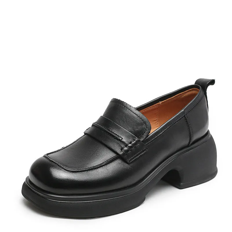 Women Retro Leather Square Head Thick Soled Loafers