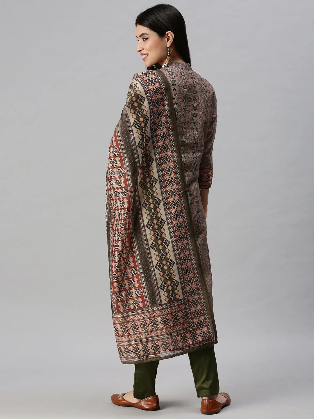 Women Straight Olive Printed Kurta and Trousers