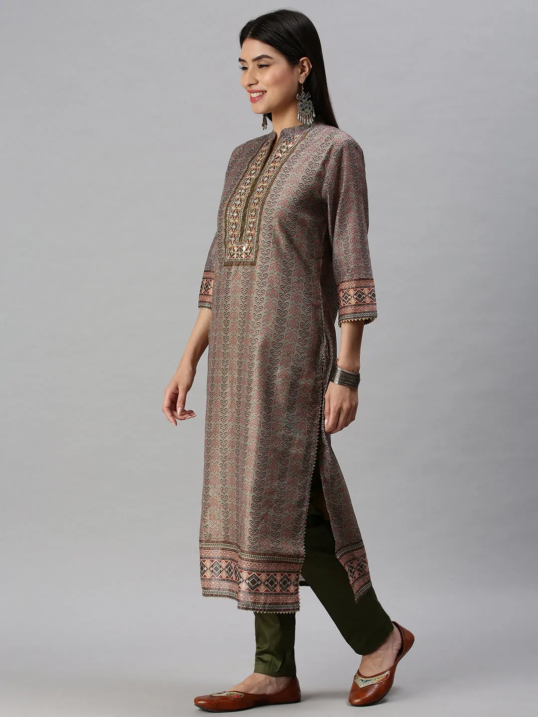 Women Straight Olive Printed Kurta and Trousers