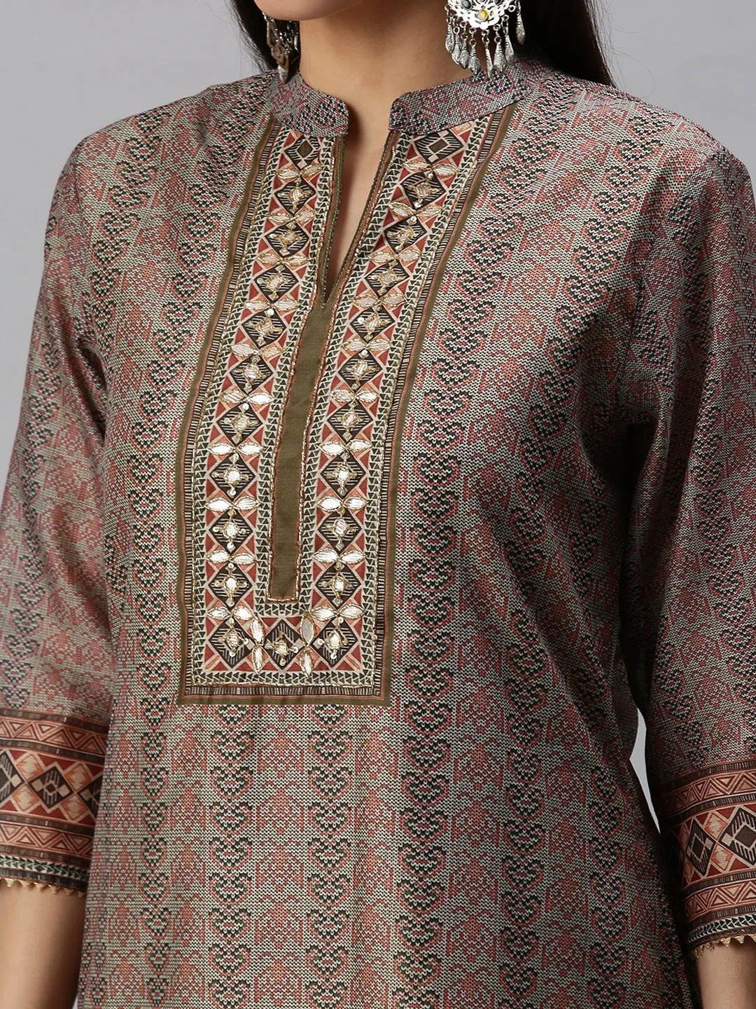 Women Straight Olive Printed Kurta and Trousers