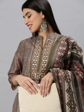 Women Straight Olive Printed Kurta and Trousers