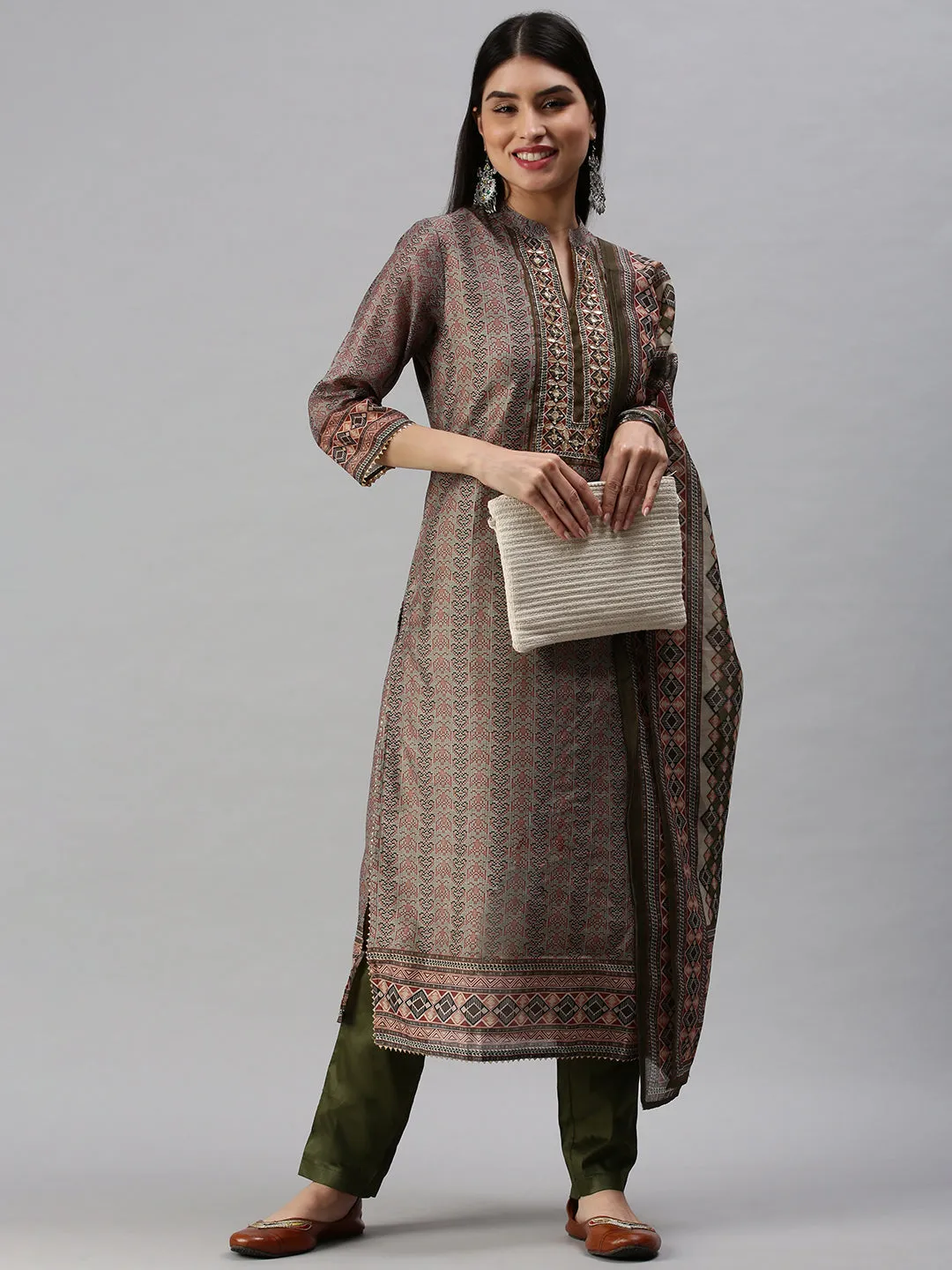 Women Straight Olive Printed Kurta and Trousers