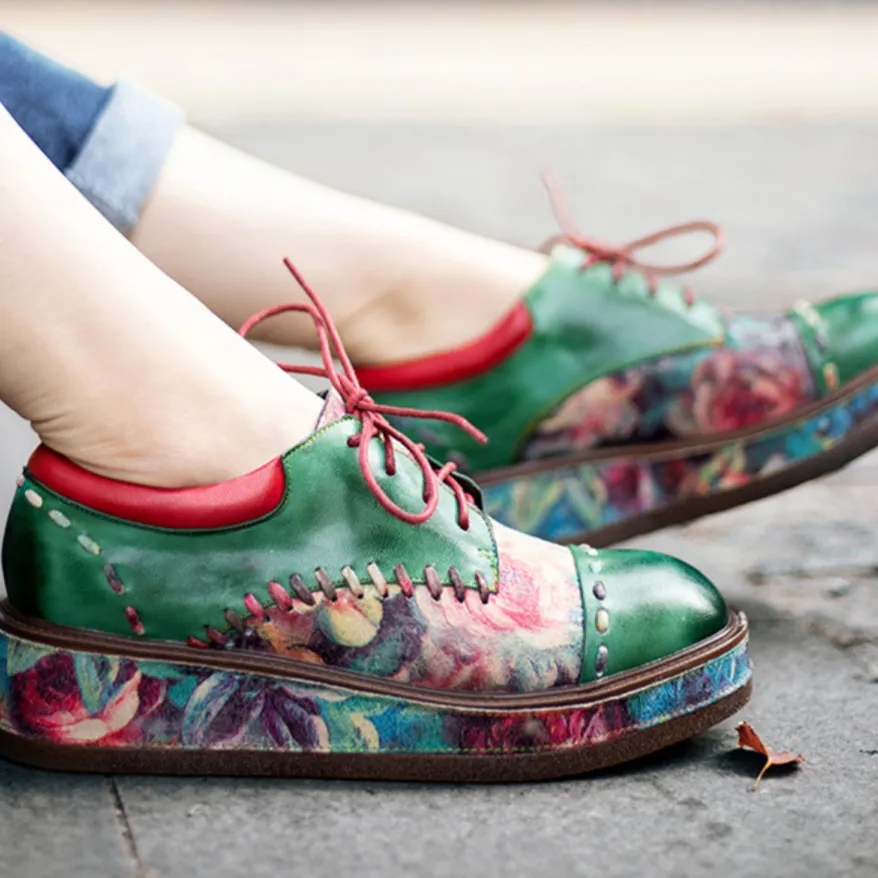 Womens Vintage Comfy Casual Stitching Floral Oxfords Shoes