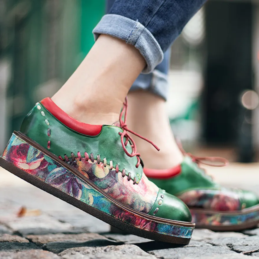 Womens Vintage Comfy Casual Stitching Floral Oxfords Shoes