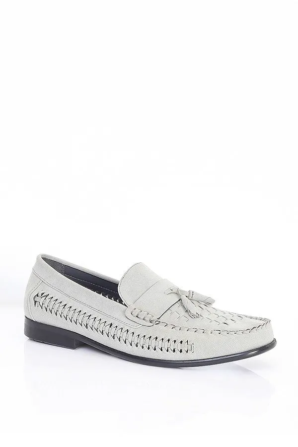 WOVEN DETAIL GREY FAUX SUEDE LOAFERS